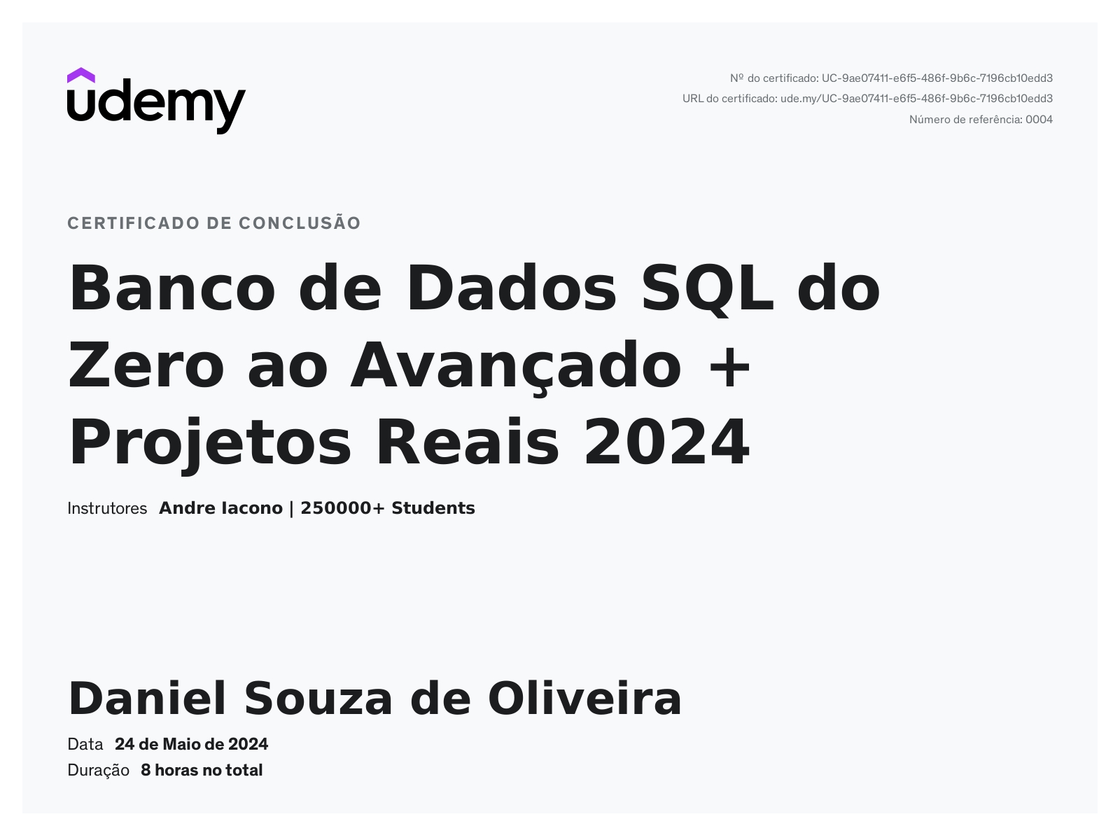 Certificado Udemy — Banco de Dados SQL do Zero ao Avançado